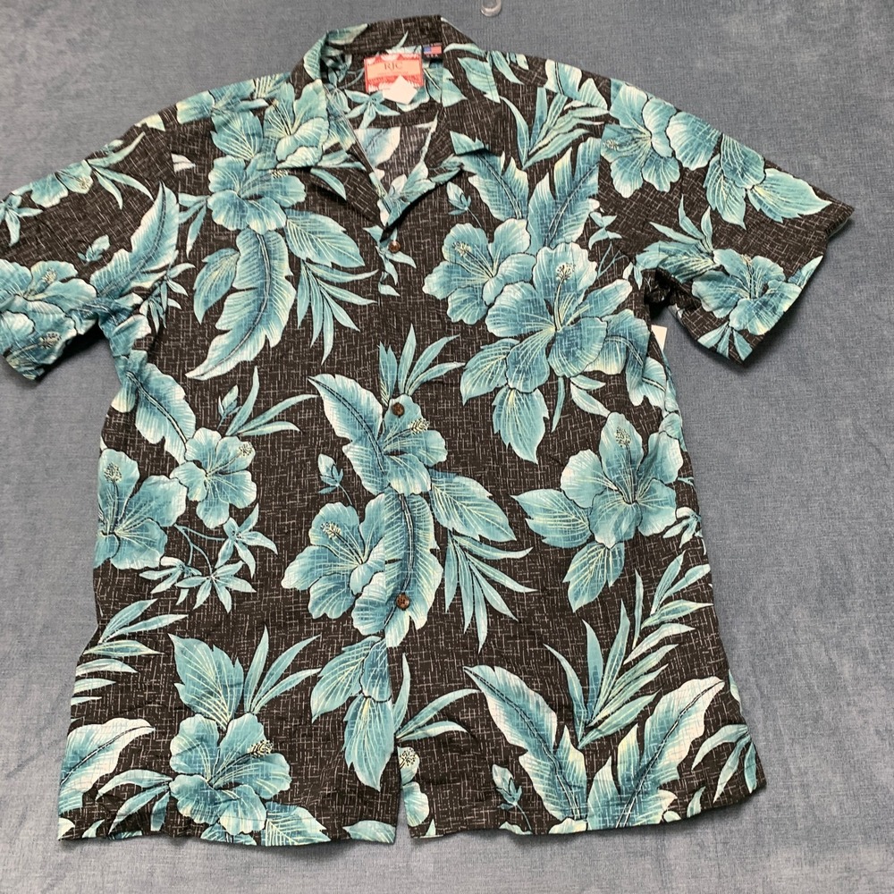 RJC Camp Shirt Men XL Black Blue Tropical Floral Short Sleeve Button Front Hawai